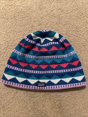 Patagonia Kids Geometric Knit Beanie in Pink, Teal & Navy